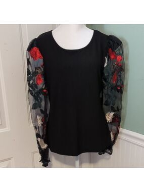 Madison Paris New York Long Sleeve Top Sheer Sleeves Flower Embroidery